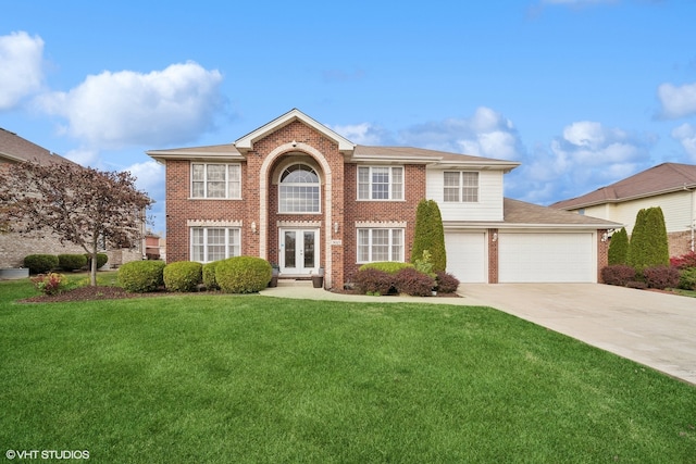 view of front of property with french doors and a front lawn