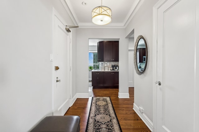 doorway to outside featuring dark wood-type flooring and ornamental molding