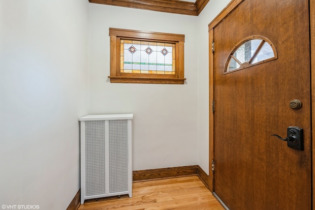 entryway featuring light hardwood / wood-style flooring and radiator heating unit