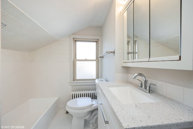 full bathroom featuring independent shower and bath, toilet, tile walls, lofted ceiling, and vanity