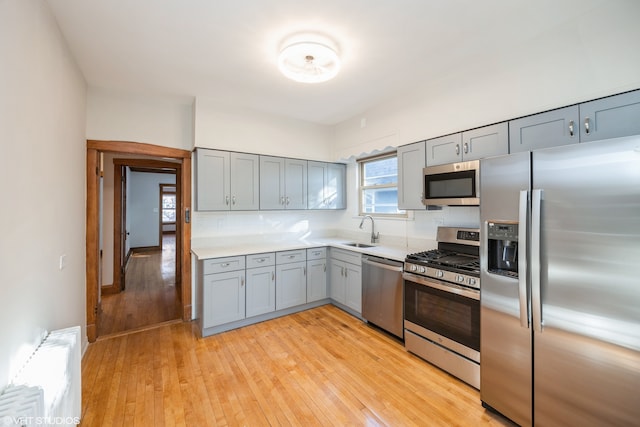 kitchen with appliances with stainless steel finishes, gray cabinetry, sink, and light hardwood / wood-style floors