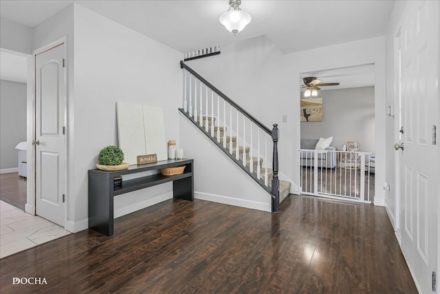 foyer featuring ceiling fan and hardwood / wood-style flooring