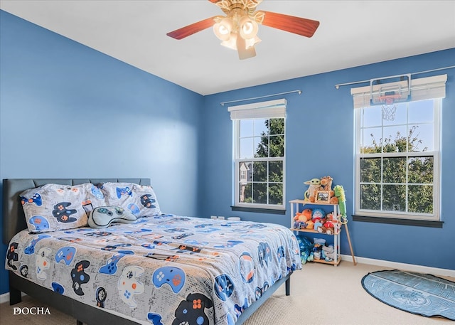 bedroom featuring carpet and ceiling fan