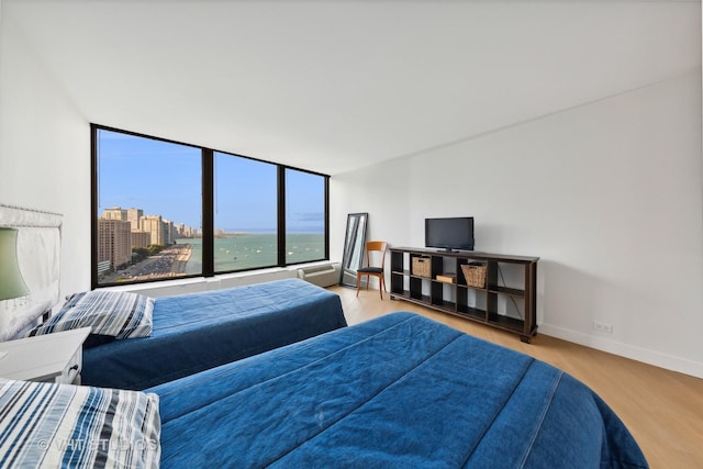 bedroom featuring expansive windows and light hardwood / wood-style floors