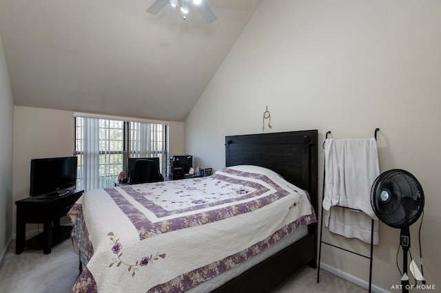 bedroom featuring light colored carpet, ceiling fan, and lofted ceiling