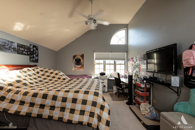 bedroom featuring light carpet, high vaulted ceiling, and ceiling fan