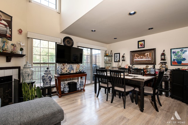 dining space with a tiled fireplace, light hardwood / wood-style flooring, and a healthy amount of sunlight