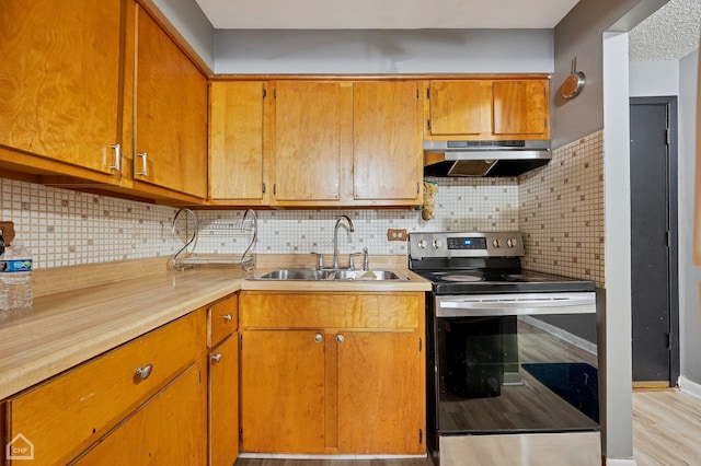 kitchen featuring stainless steel electric stove, light hardwood / wood-style flooring, sink, and decorative backsplash