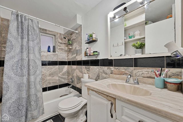 full bathroom with shower / bath combination with curtain, vanity, tile walls, toilet, and decorative backsplash