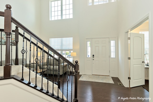 foyer featuring a towering ceiling and dark hardwood / wood-style flooring