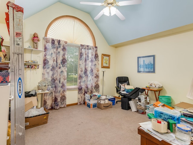 miscellaneous room featuring carpet floors, lofted ceiling, and ceiling fan