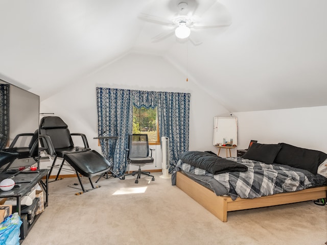 bedroom featuring carpet, lofted ceiling, and ceiling fan