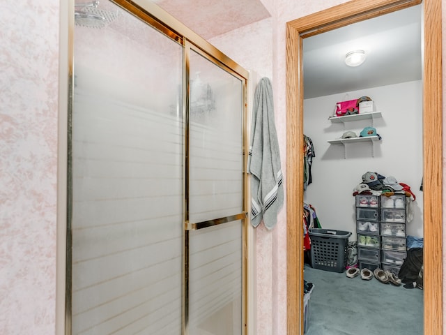 bathroom featuring a shower with shower door