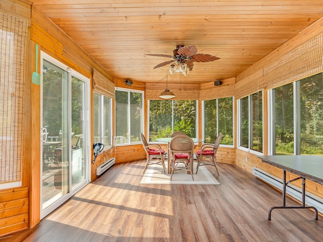 sunroom / solarium featuring ceiling fan, wood ceiling, and a baseboard heating unit