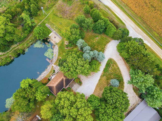 birds eye view of property with a water view and a rural view