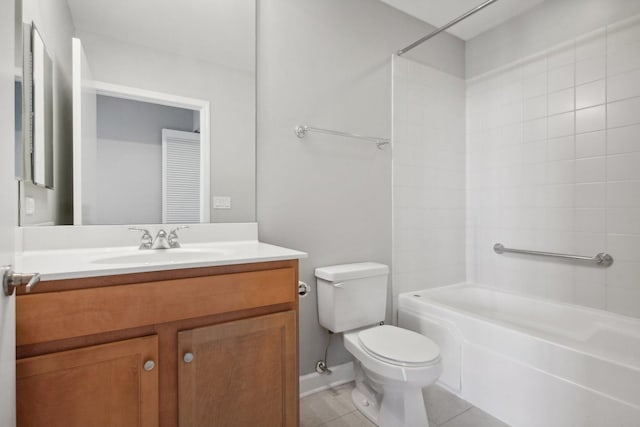 full bath with toilet, vanity,  shower combination, tile patterned flooring, and baseboards