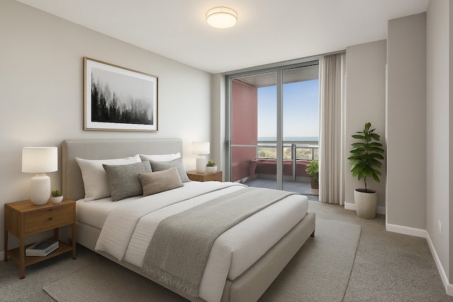 bedroom featuring baseboards, light colored carpet, and access to exterior