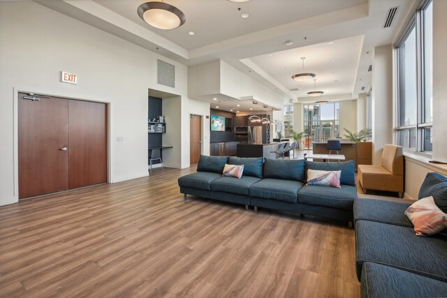 living room featuring a high ceiling, a tray ceiling, and light hardwood / wood-style flooring