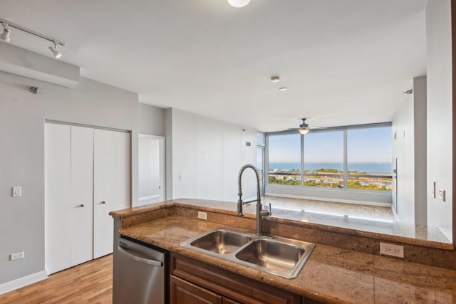 kitchen with a sink, stainless steel dishwasher, rail lighting, light wood-style floors, and ceiling fan