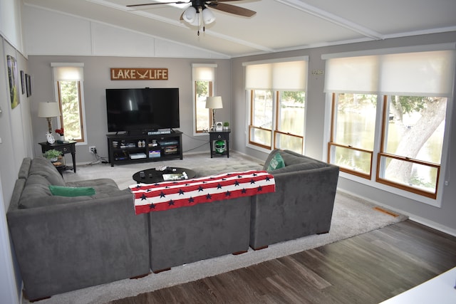 living room with wood-type flooring, vaulted ceiling with beams, plenty of natural light, and ceiling fan