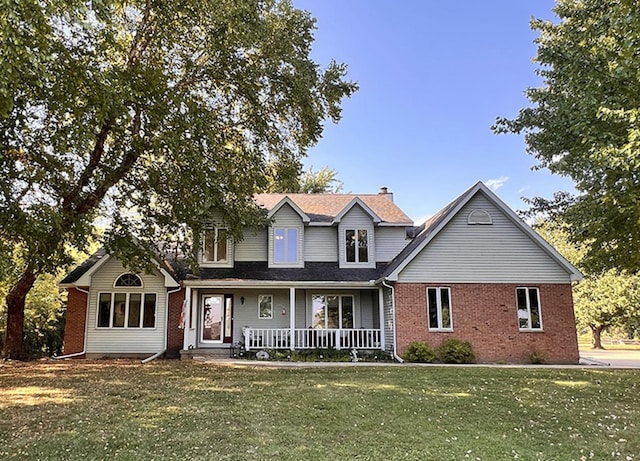 traditional-style home with a chimney, a front yard, a porch, and brick siding