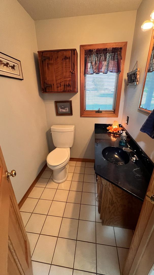 bathroom featuring tile patterned flooring, plenty of natural light, toilet, and vanity