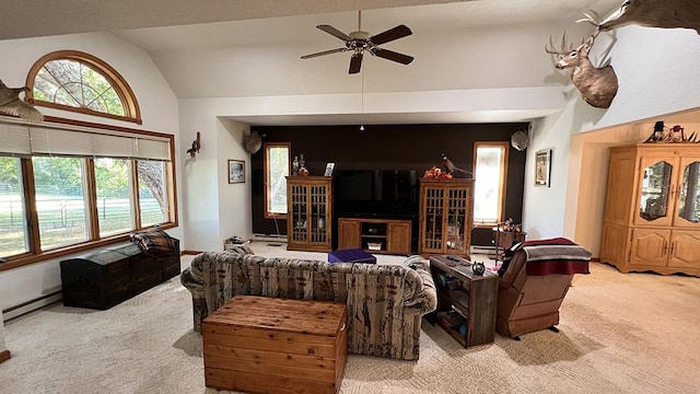 carpeted living area featuring a baseboard heating unit, ceiling fan, and lofted ceiling