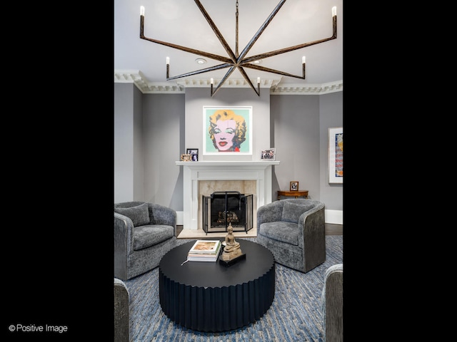 living room featuring wood-type flooring and crown molding