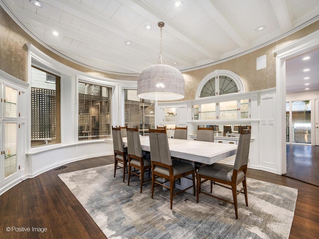 dining area with wood-type flooring, visible vents, recessed lighting, beamed ceiling, and ornamental molding