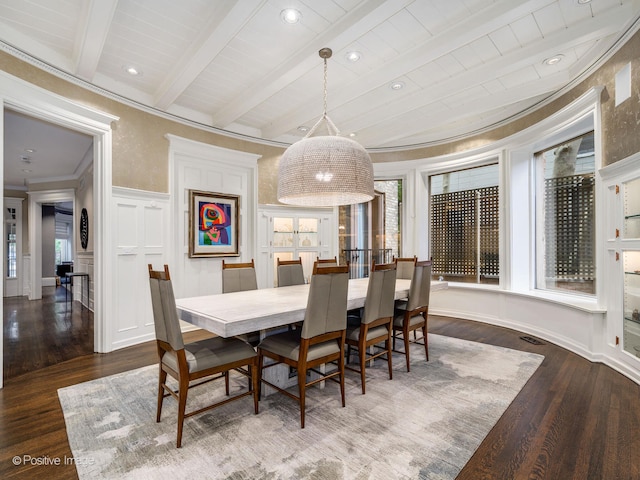 dining area featuring beamed ceiling, a healthy amount of sunlight, and dark hardwood / wood-style flooring