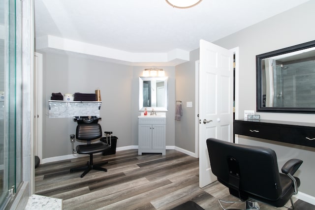 office featuring sink and dark wood-type flooring