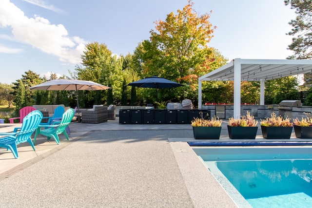 view of swimming pool with a pergola and a patio area