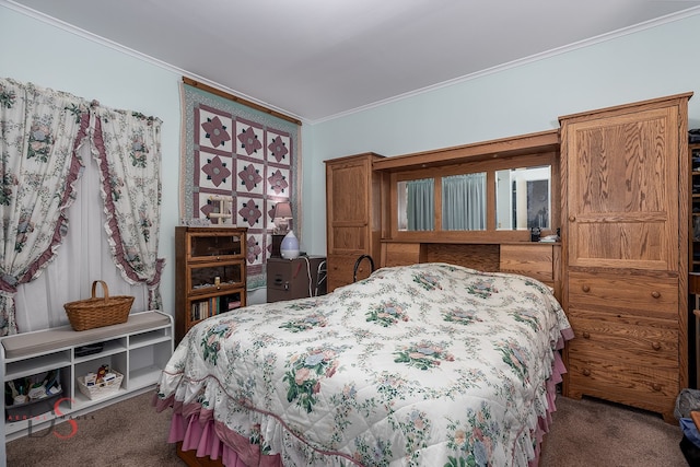 bedroom with carpet and crown molding