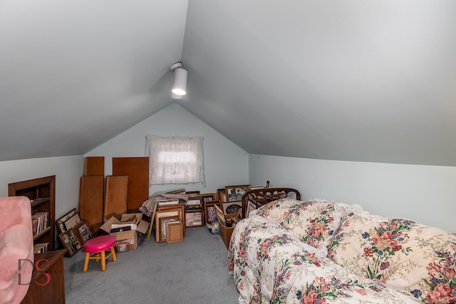 carpeted bedroom featuring vaulted ceiling