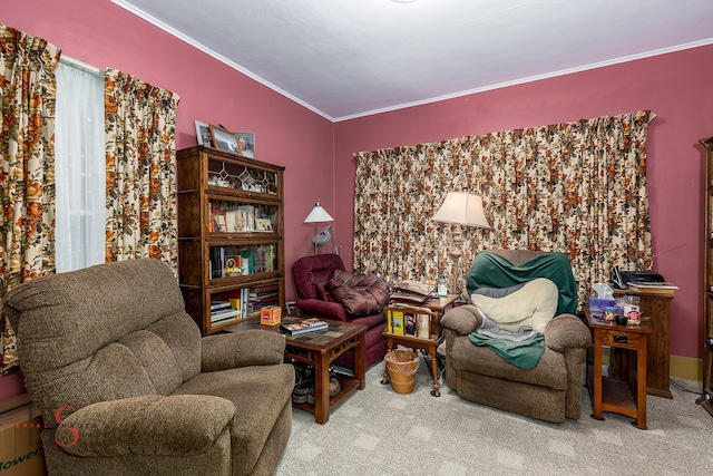 sitting room featuring crown molding and carpet flooring