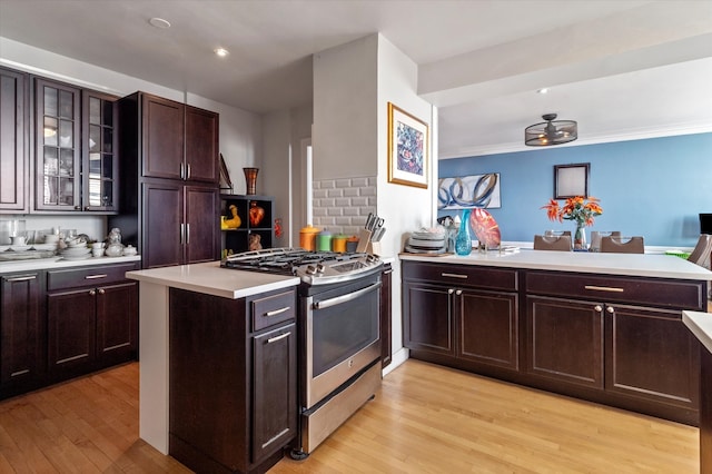 kitchen featuring stainless steel range with gas cooktop, crown molding, and light hardwood / wood-style floors