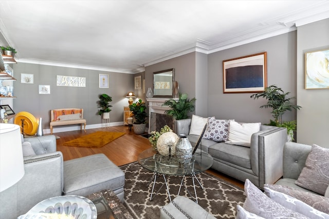 living room featuring wood-type flooring, a fireplace, and ornamental molding