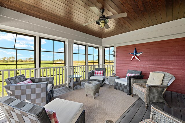 sunroom with wood ceiling and ceiling fan