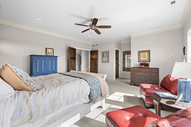 bedroom featuring crown molding, light colored carpet, and ceiling fan