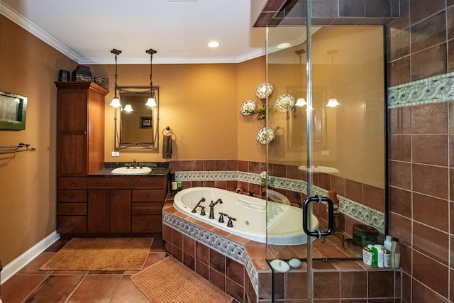 bathroom with plus walk in shower, tile patterned flooring, vanity, and crown molding