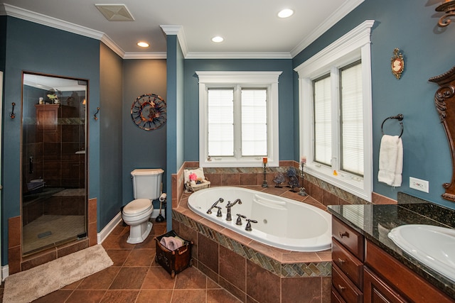 full bathroom featuring vanity, tile patterned flooring, plus walk in shower, ornamental molding, and toilet