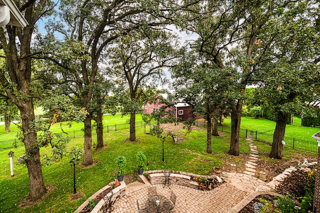 view of yard with a patio and a storage unit