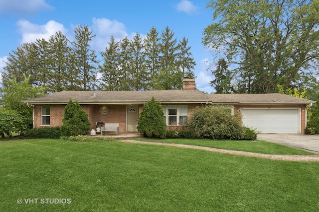 ranch-style house with a garage and a front lawn