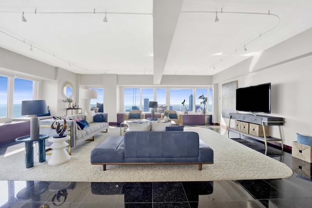 living room featuring a water view and rail lighting