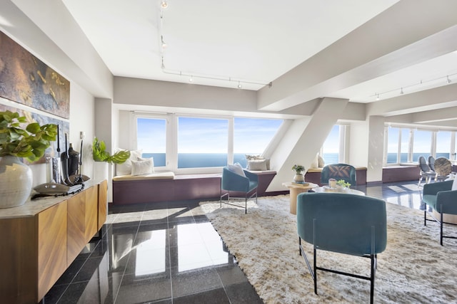 living room with a healthy amount of sunlight, rail lighting, and a water view