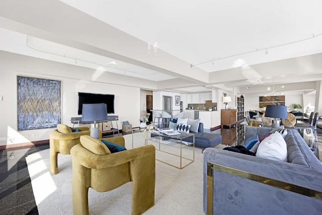 living room featuring light carpet and rail lighting