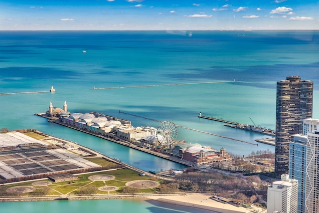 drone / aerial view featuring a water view