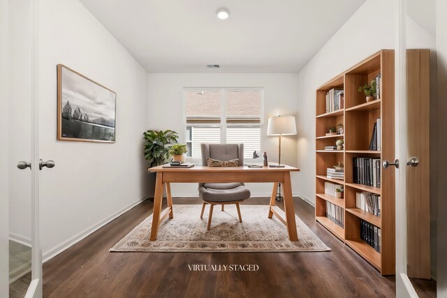 home office featuring french doors and dark hardwood / wood-style flooring