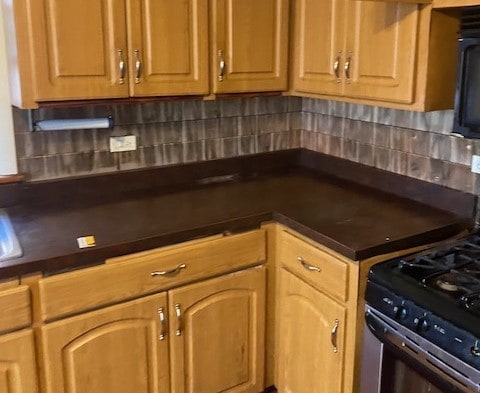 kitchen featuring stainless steel gas stove and tasteful backsplash