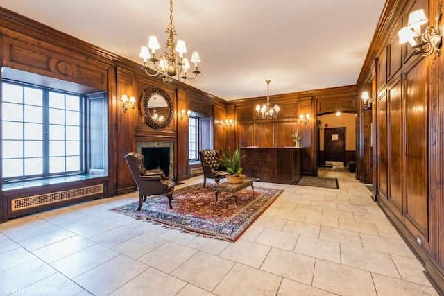 interior space with a premium fireplace and a notable chandelier